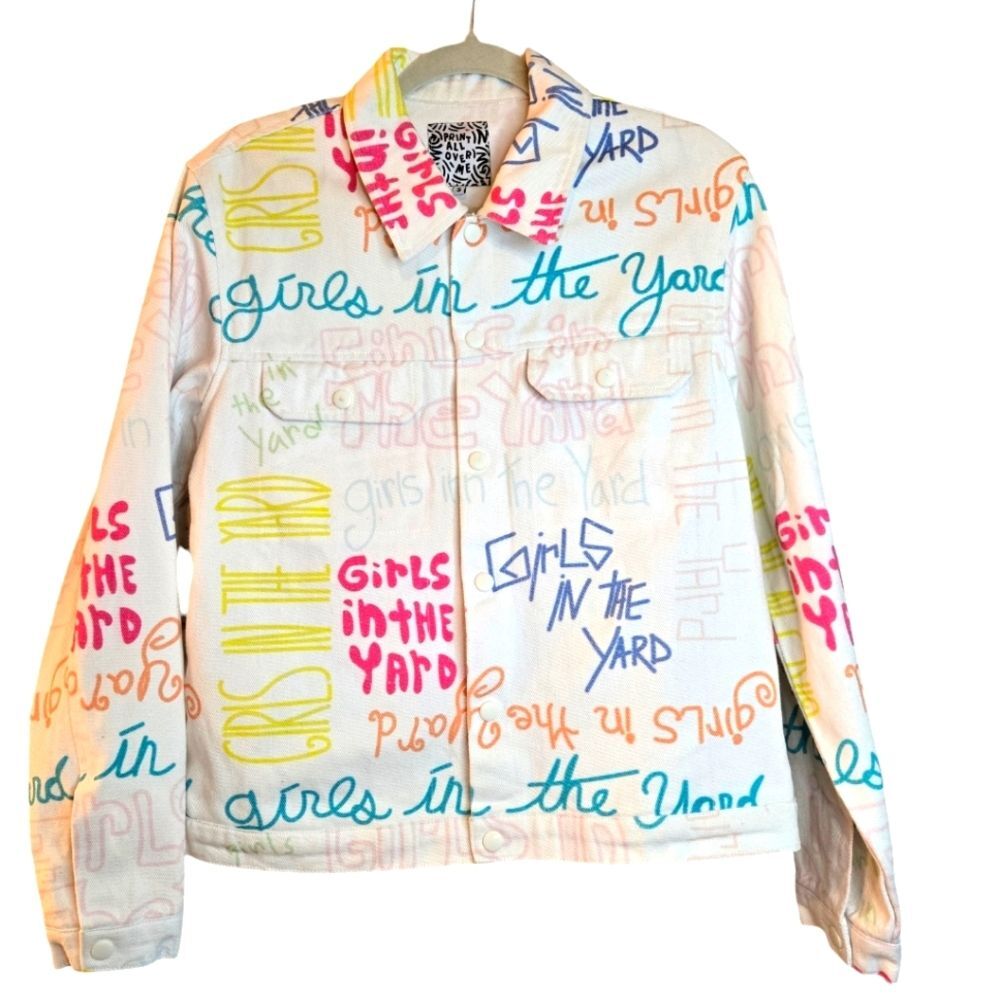 Print All Over Me Girls in the Yard Denim White Jacket Indie Brand Size Small